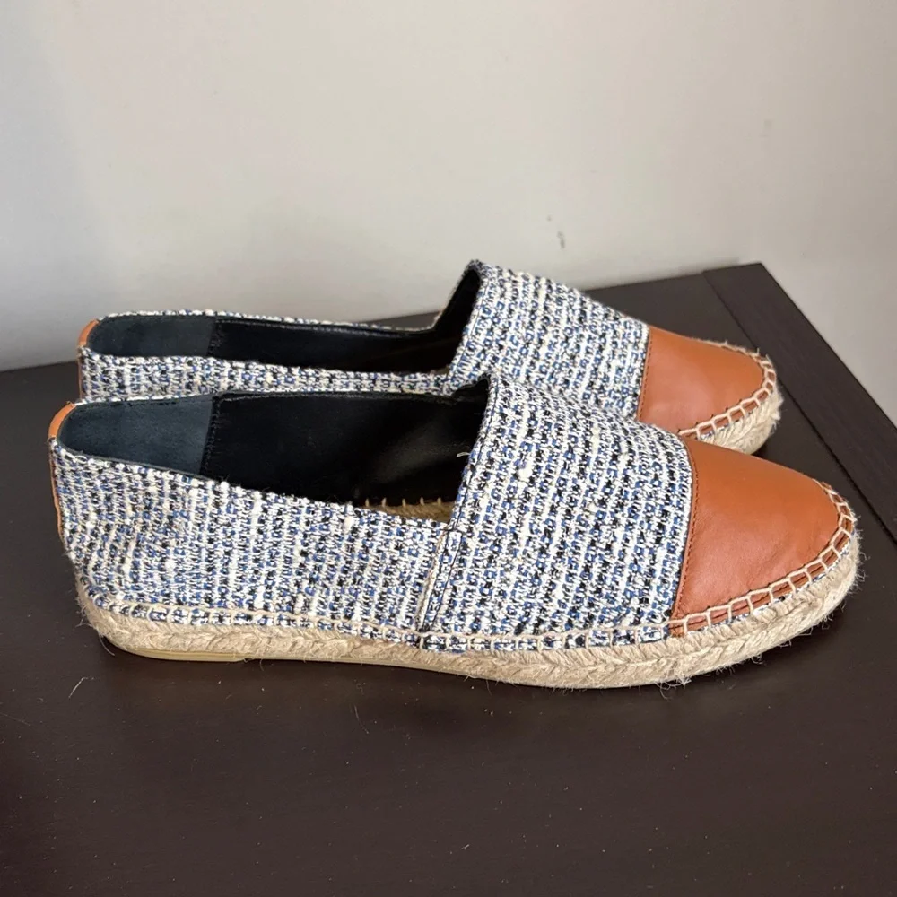 J McLaughlin Alexa Tweed and Leather Toe Espadrilles Shoe Blue Brown Sz 8